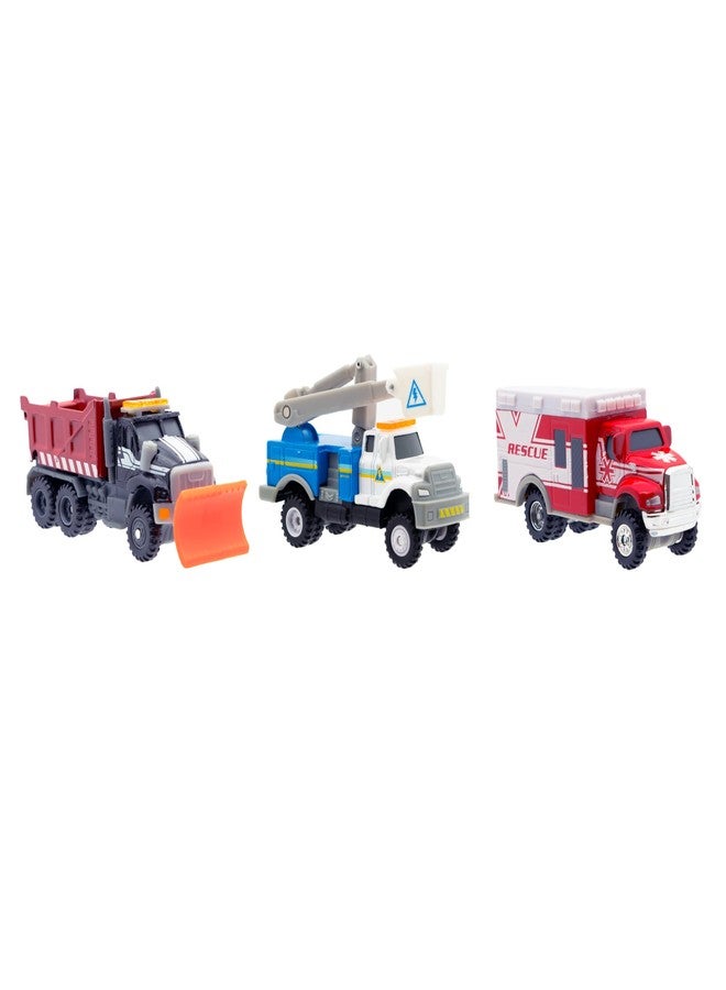 Mighty Fleet Diecast 3-Pack, Snow Shovel, Cherry Picker, and Ambulance, Durable 3” Diecast Vehicles for Kids Ages 3+ - Image 1